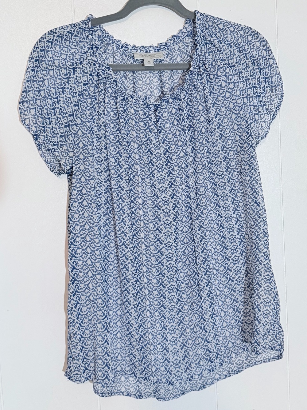 Dressbarn Blue Printed Short-Sleeve Peasant Blouse